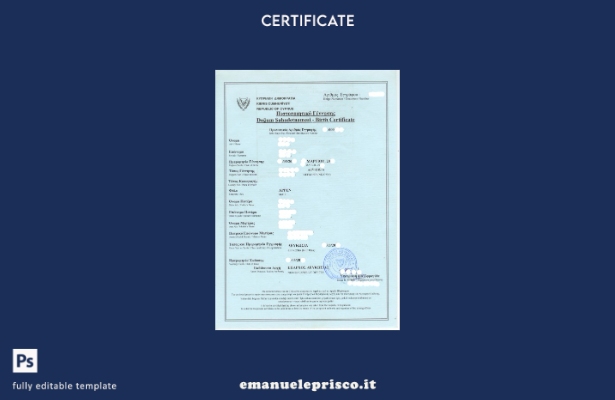 modello di certificato di nascita del registro della popolazione di Cipro in sti
